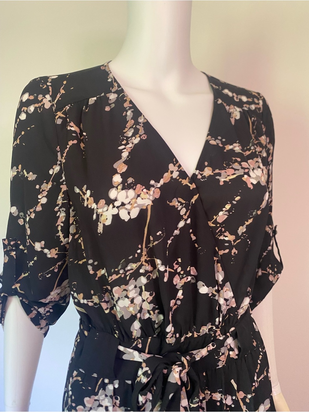 Daniel Rainn Black Floral Midi Dress with Pink and Cream Accents